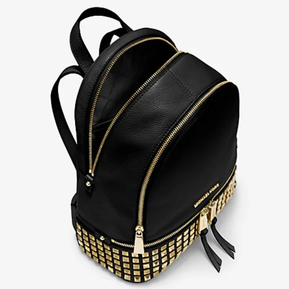 MICHAEL KORS Rhea Medium Black Studded Pebbled Leather Gold Details Backpack - Picture 8 of 17